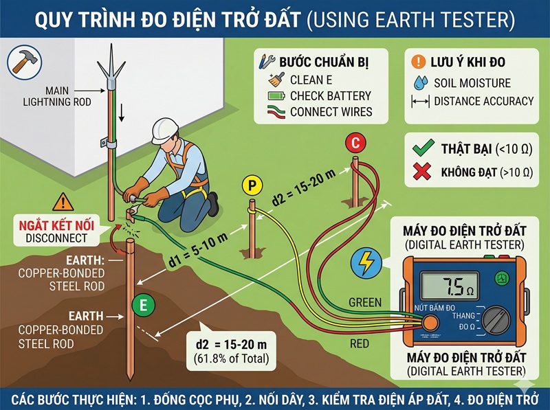Cách đo điện trở đất trong thi công chống sét