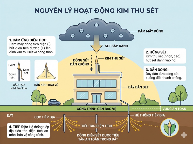 Nguyên lý hoạt động của kim thu sét